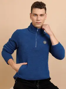 HIGHLANDER Blue Self Design Mock Collar Half Zipper Sweatshirt