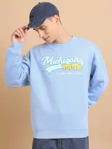 HIGHLANDER Blue Typographic Printed Oversized Sweatshirt