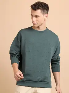 HIGHLANDER Oversized Typography Self Design Drop Shoulder Pullover Sweatshirt