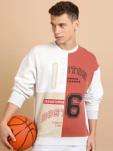 HIGHLANDER White Colourblocked Drop Shoulder Sleeves Oversized Pullover Sweatshirt