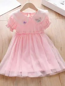 StyleCast Girls Pink Peter Pan Collar Puff Sleeves Fit & Flare Pure Cotton Dress