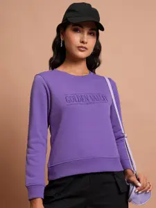 Tokyo Talkies Purple Typography Embroidered Long Sleeves Pullover
