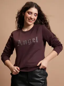 Tokyo Talkies Brown Typography Embellished Long Sleeves Sweatshirt
