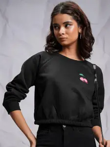 Tokyo Talkies Black Round Neck Cropped Relaxed Pullover Sweatshirt