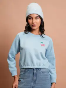 Tokyo Talkies Blue Relaxed Fit Round Neck Long Sleeves Cropped Pullover