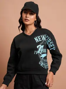 Tokyo Talkies Black Typography Printed Relaxed Fit Pullover Sweatshirt