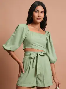 Tokyo Talkies Tie-Ups Back Crop Top With Pleated Belted Shorts