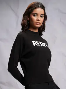 Tokyo Talkies Black Printed Turtle Neck Acrylic Pullover Sweater