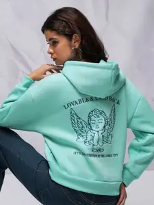 Tokyo Talkies Blue Graphic Printed Hooded Pullover Sweatshirt