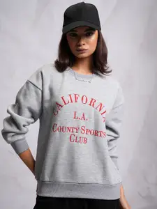 Tokyo Talkies Grey Typography Printed Oversized Pullover Sweatshirt