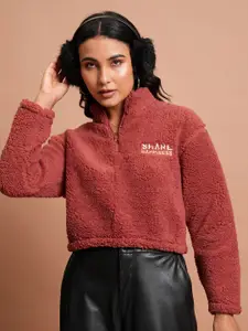 Tokyo Talkies Rust Relaxed Fit Self Design Crop Sweatshirt