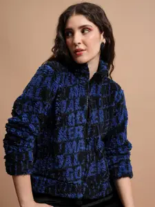 Tokyo Talkies Black Typography Self Design Front-Open Sweatshirt