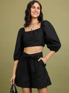 Tokyo Talkies Caviar Tie-Back Crop Top & Pleated Shorts