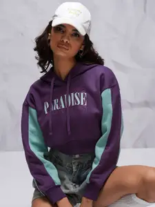 Tokyo Talkies Purple Typography Printed Hooded Relax Fit Crop Pullover Sweatshirt