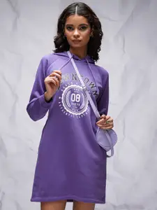 Tokyo Talkies Purple Typography Printed Hooded Relaxed Fit T-shirt Dress