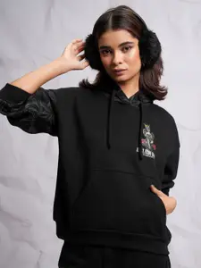 Tokyo Talkies Black Graphic Printed Hooded Oversized Pullover Sweatshirt