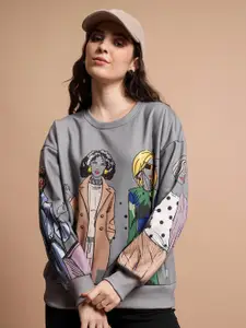 Tokyo Talkies Grey Graphic Printed Oversized Pullover Sweatshirt