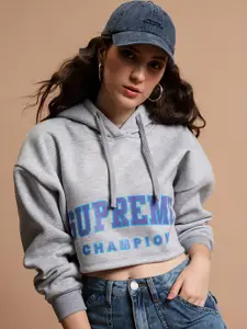 Tokyo Talkies Typography Printed Hooded Crop Pullover