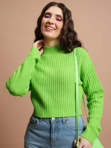 Tokyo Talkies Green Striped High Neck Long Sleeves Pullover Sweater