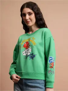 Tokyo Talkies Green Relaxed Fit Typography Printed Long Sleeves Pullover