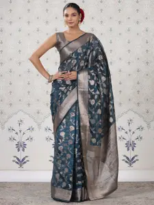 Ode by House of Pataudi Teal Woven Design Silk Cotton Designer Saree