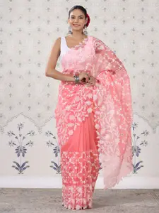 Ode by House of Pataudi Peach-Coloured Floral Organza Designer Saree