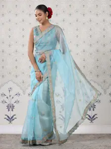 Ode by House of Pataudi Blue Floral Organza Designer Saree