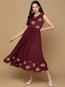 KALINI Maroon Floral Print Fit & Flare Dress