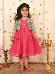 Sangria Girls Striped Cotton A-Line Ethnic Dress With Jacket