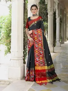 RAJGRANTH Black & Red Ethnic Motifs Embroidered Silk Blend Heavy Work Banarasi Saree