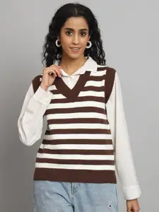 BROOWL Women Coffee Brown Striped Woollen Sweater Vest