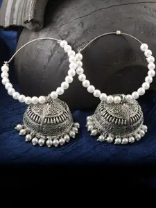 MEENAZ Silver-Plated Oxidised Beaded Dome Shaped Jhumkas
