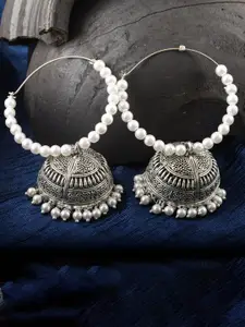 MEENAZ Silver-Plated Oxidised Beaded Dome Shaped Jhumkas