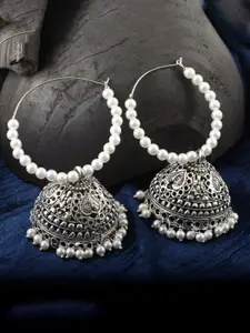 MEENAZ Silver-Plated Stainless Steel Beads Beaded Circular Oxidised Hoop Earrings