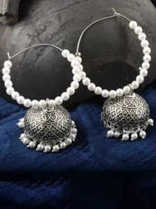MEENAZ Silver-Plated Stainless Steel Beaded Oxidised Contemporary Jhumkas