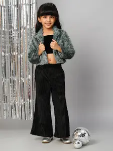 LIL DRAMA Girls Strapless Ribbed Crop Coat with Palazzos & Top