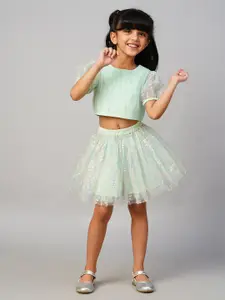 LIL DRAMA Girls Round Neck Top with Skirt