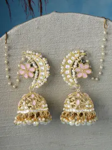 KARATCART Gold Plated Kundan Studded & Beaded Dome Shaped Jhumkas