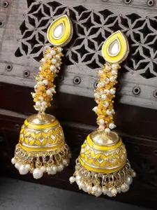 KARATCART Gold Plated Kundan Studded & Beaded Dome Shaped Jhumkas