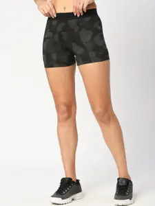 LAASA  SPORTS LAASA SPORTS Women Black Camouflage Printed Skinny Fit Running Sports Shorts