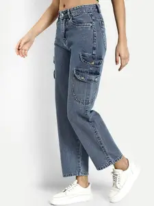 Next One Women Blue Smart Wide Leg High-Rise Clean Look Cotton Cargo Jeans