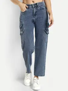 BROADSTAR Women Smart Wide Leg High-Rise Clean Look Cotton Cargo Jeans