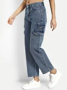 BROADSTAR Women Smart Wide Leg High-Rise Clean Look Cotton Cargo Jeans