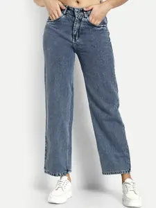 BROADSTAR Women Blue Smart Wide Leg High Rise Clean Look Cotton Jeans