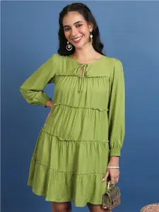Vishudh Olive Green Long Sleeves Tiered A-Line Mini Dress