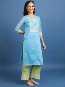 Vishudh Blue Ethnic Motifs Yoke Design Straight Cotton Kurta