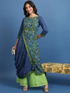 Vishudh Green & Navy Blue Geometric Printed A-Line Kurta
