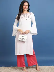 Vishudh White Floral Printed Bell Sleeves Kurta