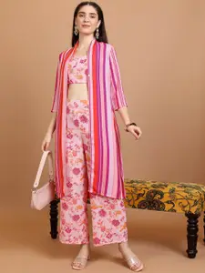 Vishudh Pink Printed Pure Cotton Crop Top & Jacket With Palazzos