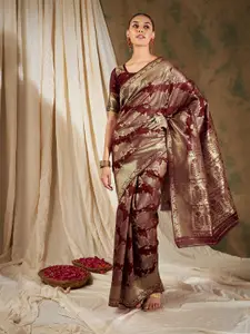 Sangria Maroon Ethnic Motifs Woven Design Banarasi Sarees With Blouse